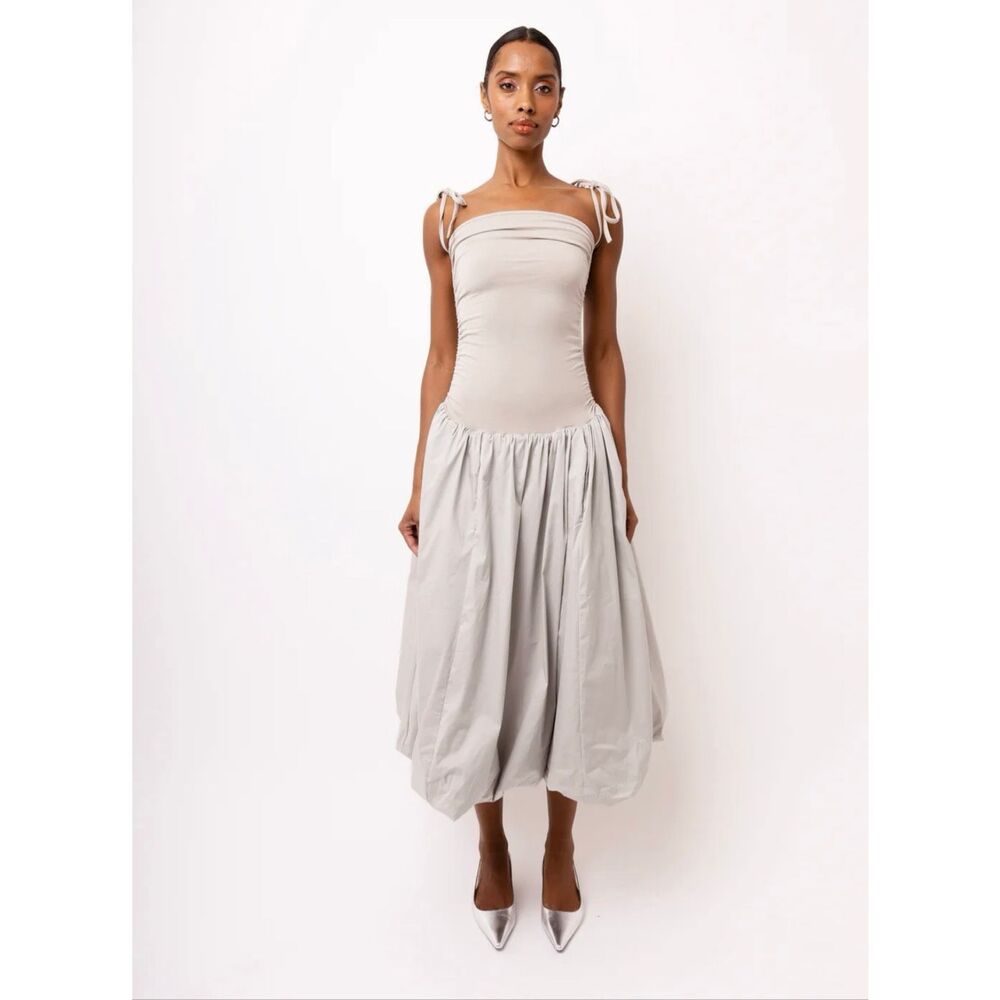 NWT Amylynn Alexa Light Grey Mauve Puffball Dress Midi Bubble Skirt Side Ties M